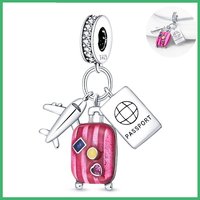 925 Sterling Silver Luggage airplane Charms Pendant with Cubic Zirconia,Fit DIY bracelet necklace Gift for Her,Colgante Plata