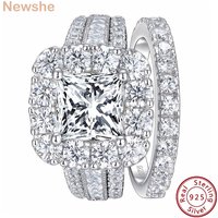 Newshe 2Pcs 925 Silver Wedding Rings Set for Women Halo Princess Cut White Cubic Zircon Vintage Engagement Ring Luxury Jewelry