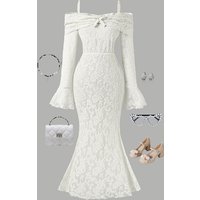 Girls 8-12 White Lace Mermaid Dress, Off-Shoulder Bow Front & Plain Back, Formal Kids Outfit