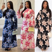 Eid Women Dress Abaya Jalabiya Muslim Flower Print Dresses Abayas Lace Up Kaftan Arab Long Robe Ramadan Morocco Dubai Vestidos
