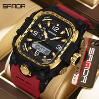 SANDA Luxury Brand Dual Display Men's Watch Luminous Waterproof TPU Soft Strap Large Dial Chronograph Calendar Sports Wristwatch