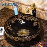 KEMAIDI Round Bowl Sinks Vessel Basin Bathroom Washbasin Ceramic Basin Sink Roman Bronze Single Handles Swivel Faucet Tap Set