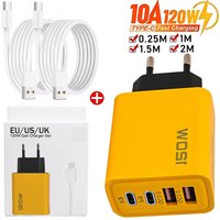 120W 4 Ports USB PD Mobile Phone Chargers USB Type C High-speed Charging Data Cable Cord QC3.0 Wall Adapter for Samsung Xiaomi