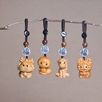 1PC Wood Carving Kawaii Zodiac Keychain Cute Animal Bag Pendant Car Hanging Decoration Mobile Phone Chain DIY Accessories