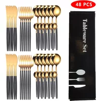 48Pcs Stainless Steel Cutlery Set Black Gold Dinnerware Spoon Fork Knife Western Cutleri Silverware Tableware Set Supplies
