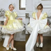 Custom Flower Girl Dress Wedding Gown Birthday Party Pageant Dress Puff Sleeve Big Bow Backless Satin Tulle Dress For Girls