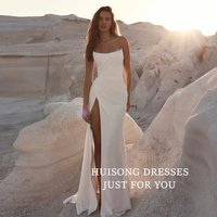 HUISONG Customized Satin Mermaid Wedding Dresses Sleeveless Strapless Beach Bridal Gown vestidos de novia