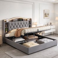 Lit double Comanlai 140x200, revêtement en velours gris. Cadre de lit avec système de levage hydraulique et rangement intégré, comprenant une tête de lit avec espace de rangement et un sommier à