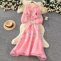 Women's Pink Floral 2 Piece Set V Neck, Puff Sleeves Tops+ Elastic Waist Flowy Skirt for Spring Party & Wedding Guest
