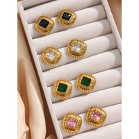 E.B.belle 2024 New Stainless Steel Small Square Texture Zircon Stone Stud Earrings Green Black Pink White Luxury Party Earring