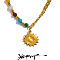 Yhpup Natural Stone Beads Stainless Steel Sun Pendant France Necklace for Women Collar Collarbone Chain Trendy Jewelry Bijoux