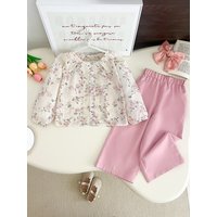Spring Autumn Children's Clothing Print Patchwork Girls' Set Long-Sleeved T-Shirt Top + Pants 2 pieces