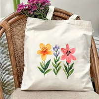 Minimalist Floral Canvas Tote Bag Colorful Three Flower Print Reusable Shoulder Bag Boho Shopping Handbag For Women Daily Use