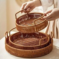 Imitation Rattan Woven Round Storage Basket With Handles For Desktop Fruit Dessert Snacks Afternoon Tea Serving Tray Organizer