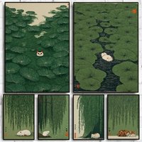 Japanese Style Green Nature and Cat Poster Willow Tree Lily Pond Scenery Diamond Painting Wall Art for Living Room Home Decor