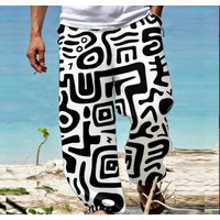 Men's Summer Thin Quick-Dry Hawaiian Tropical Style Black and White Geometric Print Beach Pants