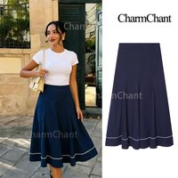 CHARMCHANT Women's Blue Midi Skirt High Waist A-Line Pleated Skirt Casual Elegant Office Wear Retro Casual Summer Skirt 2026