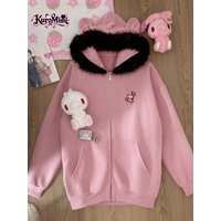 Japanischer Kawaii-Hoodie mit Bärenohren für Damen, Reißverschluss, Kunstfellkragen, Schwarz-Rosa, Farbblock, dunkler Gothic-Sweatshirt, Alt-Grunge, süß, cool