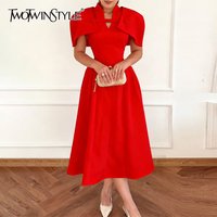 TWOTWINSTYLE Solid Slimming Spliced Shirring Temperament Dresses for Women V Neck Sleeveless Patchwork Shawl Dress Female New