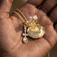 New Cute Openable Dessert Teacup Locket Necklace Ring Set Gold Color Bow Spoon Cartoon Doll Pendant for Women Sweet Jewelry Sets