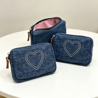 WERLLANDS Denim Style Heart Embroidered Canvas Coin Purse