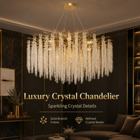 Luxury Gold Crystal Chandelier LED Ceiling Pendant Light Round Linear Branch Lamp for Living Dining Bedroom Hotel