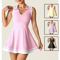 Women Tennis Training Dress Polo V-Neck Sleeveless with Shorts Ladies Elastic Yoga Dress Casual Golf Tennis Skirts with Short
