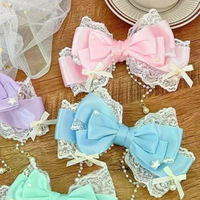 Cute Gilrs Lolita Pink Bow Headpiece Large Lace Bow Pearl Pink KC Cute Princess Headwear Lolita Hair Clip Hair Accessories