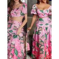 Two Piece Set Women's High Waisted Skirt Backless Top Gradient Printed Strap Skirt A-line Women's Beach Vacation Dress Set 2024