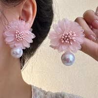 Korean Fashion Fabric Pink Flower Pendant Earrings For Women Romantic Sweet Flower Pearl Stud Earrings Wedding Party Jewelry