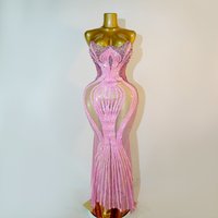 Luxury Women Sparkly Pink Rhinestones Sequins Mesh See Through Maxi Long Celebrity Evening Party Dresses Nightclub Stage Wear
