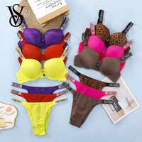 Victoria Secret Sexy Damenunterwäsche, sehr sexy, mit Logo, glänzenden Trägern, Push-up-BH, glänzender String-Slip, heißes Set.