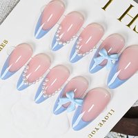 24Pcs Blue Almond Wearable Press on Nails 3D Pearl Bow Full Cover Fake Nails Tips with Bowknot Design French False Nails