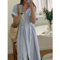 Slimming Effect Loose Midi Stripe Shirt Dress Women's Belted Waist Tie Summer New Korean Retro Style Commute Single Button