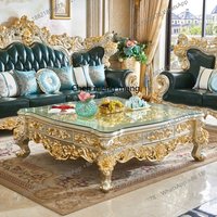 European style generous villa living room full solid wood carving flower belt glass coffee table champagne gold 1.5 m square