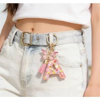 Pink Sequined Resin Letter Keychain with Butterfly Tassel - Unique Jewelry Accessory for Her Ideal Gift for Girlfriend