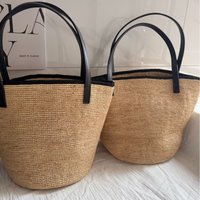 2026 Korean Style Large Raffia Straw Tote Bag – Handwoven with Leather Strap, Bucket Shape Open Top for Women Beach & Commuter
