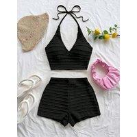Solid Color Off-Shoulder Cami & Shorts Set, Casual Tie Strap Two-Piece Outfit for Beach Vacation Dating Travel Daily Wear