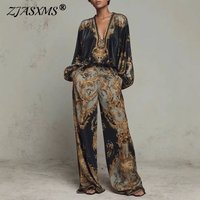 Retro Pattern Printed 2 Pieces Set for Woman Sexy Deep V Neck Top Blouses Elegant Outfit 2026 Spring Fall Wide Leg Trousers Suit