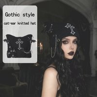 1pc,Edgy Dark Gothic Style Cat Ear Knitted Beanie Hat Cross Bat Chain Safety Pin Decor Fashion Headwear.