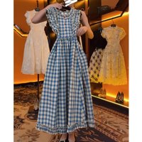 Blue Romantic Plaid Fly Sleeve Dress Women's Summer 2026 New Belt Waist Slimming Long Dress Polyester Fiber Citywalk