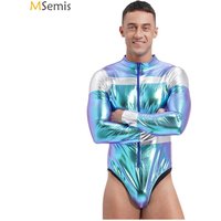 Men Astronaut Alien Space Costume Halloween Cosplay Costume Metallic Shiny Long Sleeve Contrast Jumpsuits Zippe Leotard Bodysuit