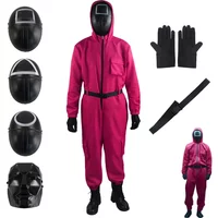 Adult Calamari Game Costume Guard Cosplay Jumpsuit Outfit Teenagers Tracksuit Hooded Overall Belt Gloves Mask Set Halloween