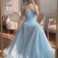 Prom Dresses Light Blue Evening Gown 3D Flower Beaded Tulle A-Line Maxi Dress for Women Banquet Formal Occasions Customized