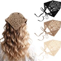 Hollow Crochet Headband for Women, 1 Piece Bohemian Triangle Headband, Adjustable Non-Slip Headband, Vintage Hair Scarf, Knitted Hairband for Tying Back, Black Beige Khaki