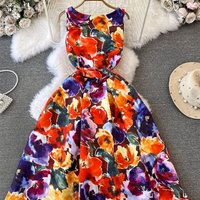 New Sleeveless Dresses for Women Elegant O-Neck Women Dress Slim Print A-LINE Long Dress Women Vestidos De Verano Mujer Q1838