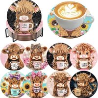8 pieces/set of diamond painted coasters set with animal cow pattern coasters (with holder) - DIY diamond art craft kit for home