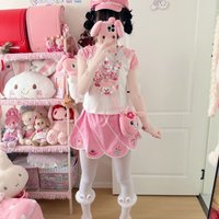 Japanese Cute Girl Pink Two Piece Sets Cartoon Print Short Sleeve+Embroidered Ruffle Short Skirt Daughter Clothes Set Summer New