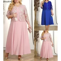 2026 Women's Two Piece Set Robe Outfits Femme Mother of The Bride Dresses Women Weddings Vestidos Party Chiffon Lace Midi Dress