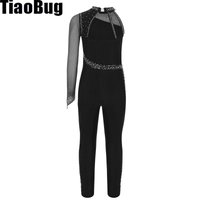 Girls One Shoulder Gymnastics Jumpsuit Sheer Mesh Sparkly Rhinestones Full Body Leotard Ballet Figure Skating Unitard Costumes